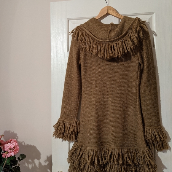 60's 70's vibe Boho fringe hooded longline sweater - Picture 2 of 8